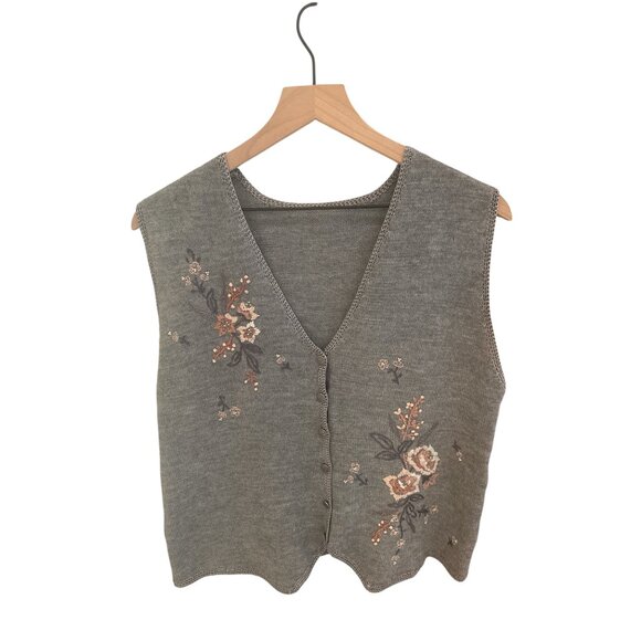 Vintage Gray Floral Embroidered Button-Up Knit Vest Top Womens Medium - Picture 1 of 4
